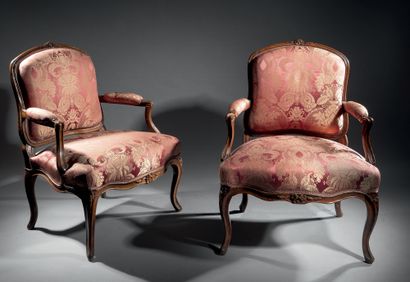 Pair of molded and carved beech armchairs....