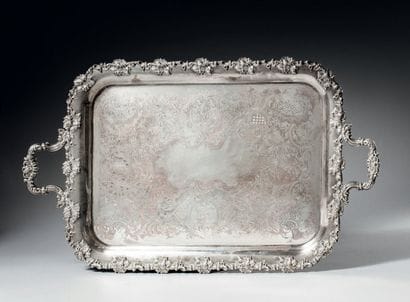 Serving tray in silver-plated metal with...