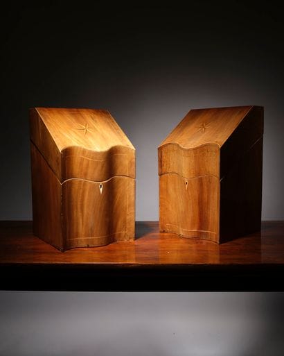 Pair of cutlery cases in mahogany with light...
