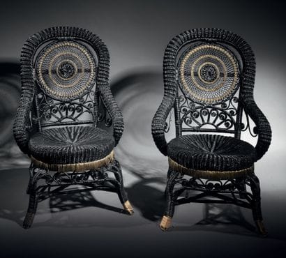 Pair of black and gold lacquered rattan armchairs.
Circular...