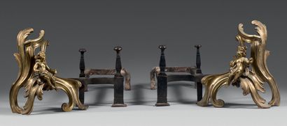 Pair of chased bronze andirons, Rococo style,...