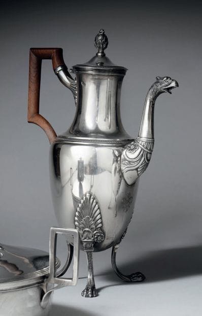Tripod coffee pot on claw feet in old silver...
