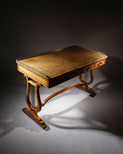 Bookcase table in veneered wood with brass...