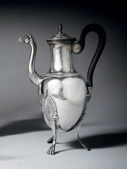 950°/°° silver tripod coffee pot with palmettes...