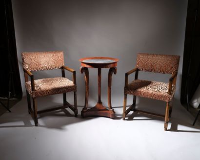 Pair of arm chairs in molded natural wood....