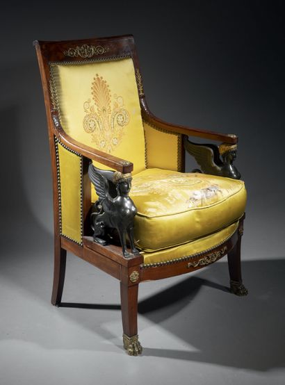 Large mahogany veneered armchair with chased...