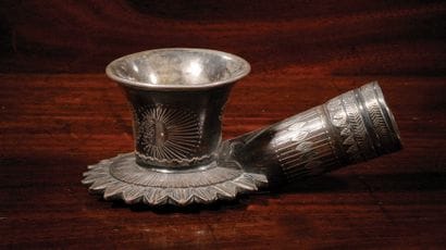 Silver-inlaid chibouk pipe bowl
Wood inlaid...