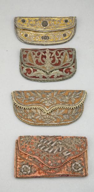 Five embroidered textile Ottoman pouches
Leather,...