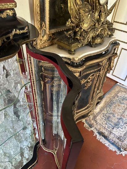 Curved display case in blackened wood with...