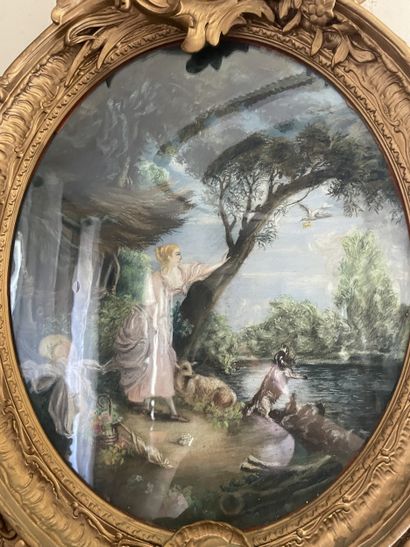 Miroir en bois stuqué et redoré. Modèle orné...