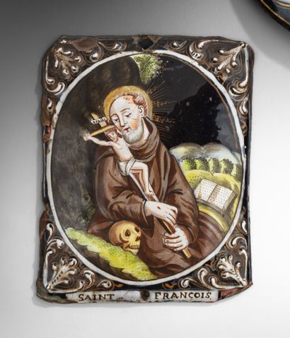 Plaque en émail peint polychrome avec rehauts...