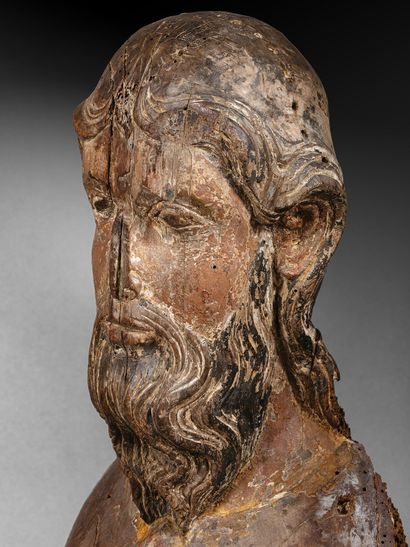 Carved walnut bust of Christ with polychrome...