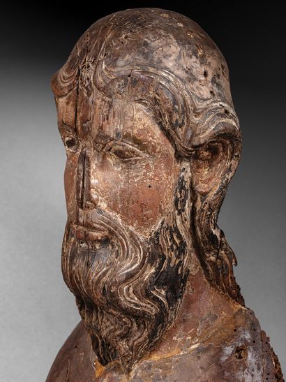 Carved walnut bust of Christ with polychrome...