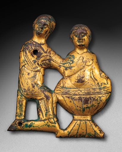 Baptismal scene in repoussé copper, engraved...