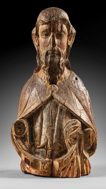 Carved walnut bust of Christ with polychrome...