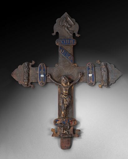 Processional cross in cast, engraved, champlevé,...