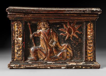 Carved, polychromed and gilded wooden box,...