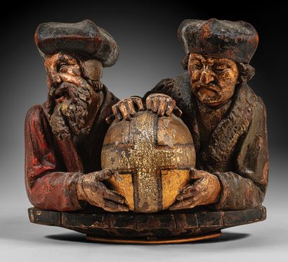 Calvin and Erasmus in carved oak applique,...