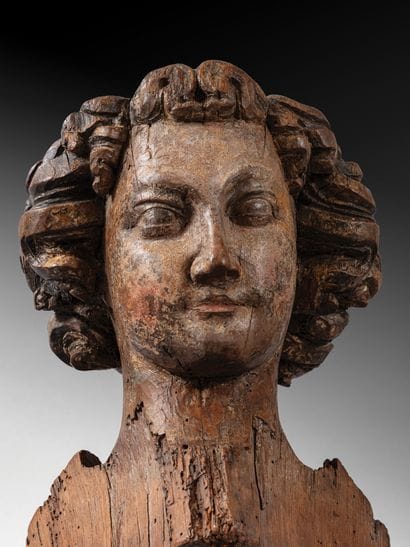 Head of a young Saint Monk (angel?) in polychromed...