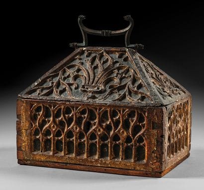 Carved, polychromed and gilded softwood box...