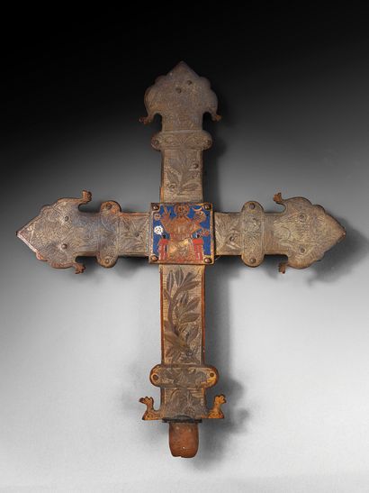 Processional cross in cast, engraved, champlevé,...