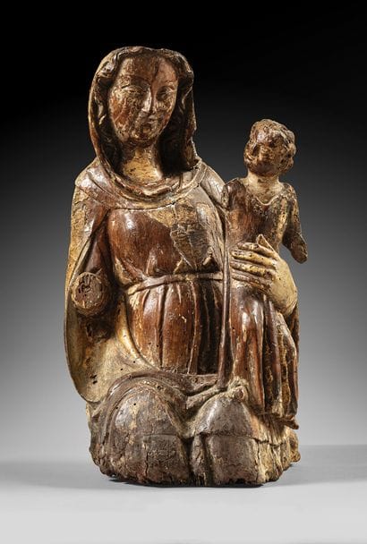 Carved oak Virgin and Child with polychrome...