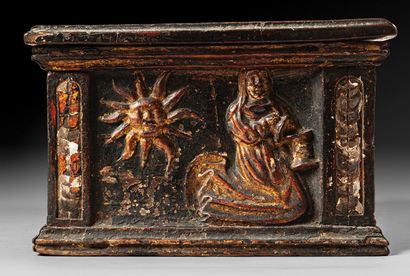 Carved, polychromed and gilded wooden box,...