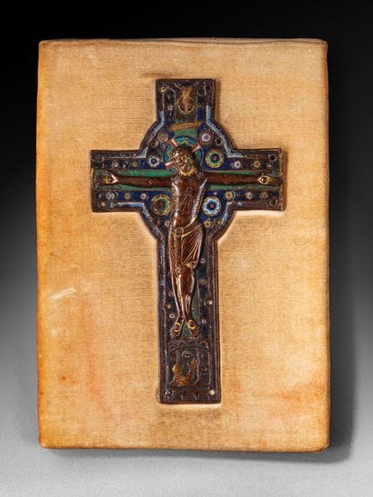 Central cross plate in champlevé, enameled,...