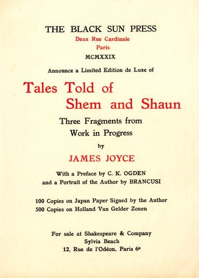 JOYCE James. TALES TOLD OF SHEM AND SHAUN....
