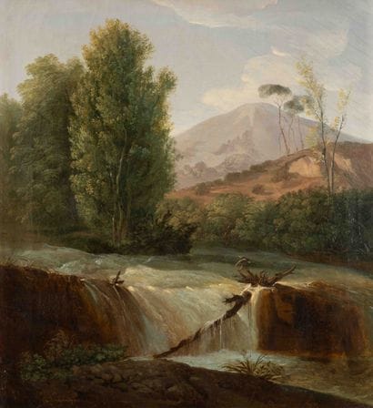 19th-century school. Waterfall. Oil on canvas,...