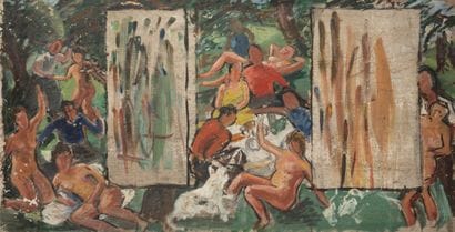 Modern School: Rural Scene; Oil on cardboard,...