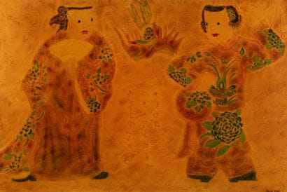 Modern School: Figures, 1976; Lacquer panel,...