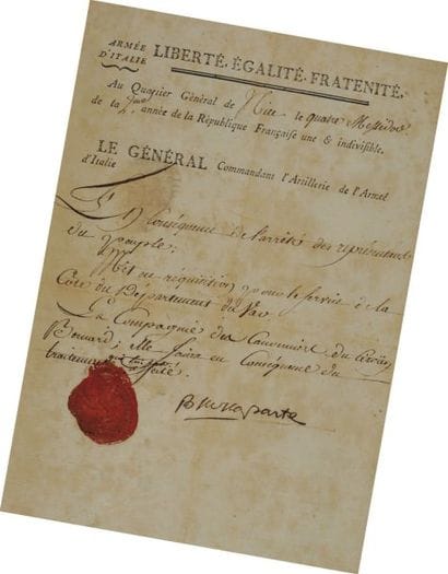 Lettre signée du Général Bonaparte, Commandant...