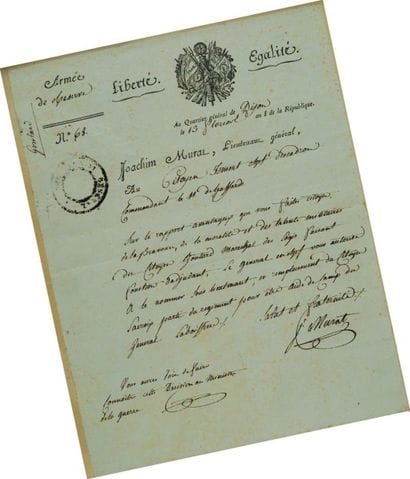 Lettre signée du Général de Division Joachim...