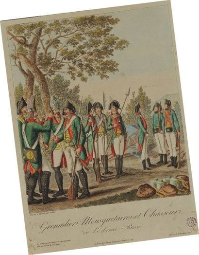 Gravure imprimée et noir et mise en couleurs...