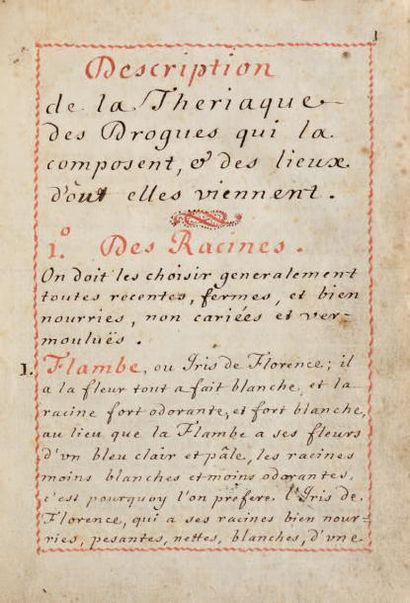 THERIAQUE - MANUSCRIT. DESCRIPTION DE LA...