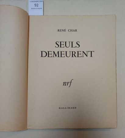 CHAR René
SEULS DEMEURENT. Paris, Gallimard,...