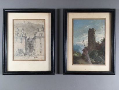 Ensemble de deux dessins : - Scène de rue...