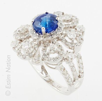 BAGUE OR SAPHIR DIAMANTS 
Ring in 18K (750/°°)...