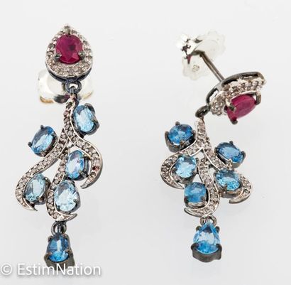BOUCLES D'OREILLES ARGENT RUBIS TOPAZES DIAMANTS...
