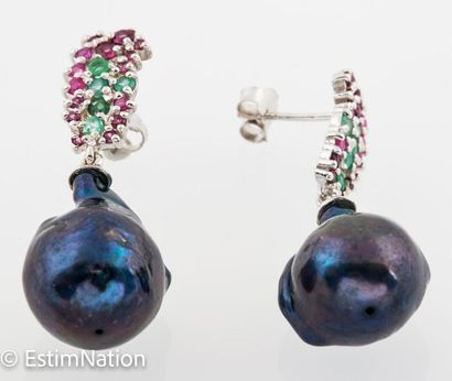 BOUCLES D'OREILLES PERLES EMERAUDES RHODOLITES...