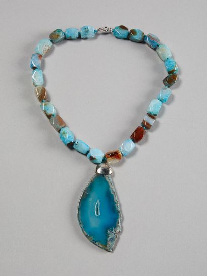 Necklace made of polished blue tinted agates...