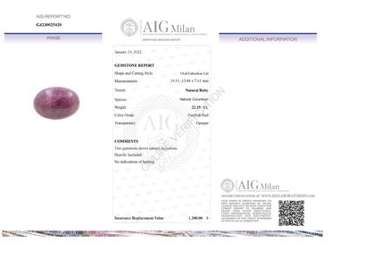 RUBIS CABOCHON ET CERTIFICAT D'ANALYSE
A...
