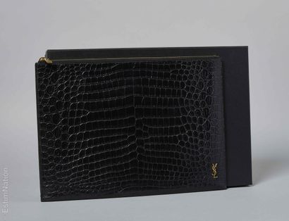 SAINT LAURENT
Document pouch in black crocodile-embossed...
