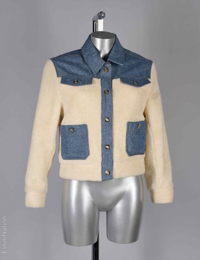 MAJE
BLOUSON in blue denim and white fleece-like...
