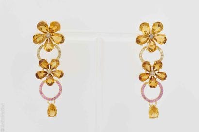 CITRINE, RUBY, AND DIAMOND EARRINGS
Pair...