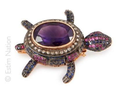 Broche tortue en argent patiné et doré (925/°°)...