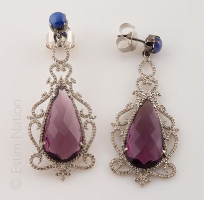BOUCLES D'OREILLES SAPHIR AMETHYSTES DIAMANTS...