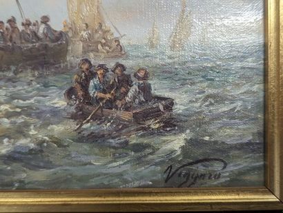 Lazlo VIGYAZO (né en 1945) 
Pêcheurs en haute-mer
Huile...