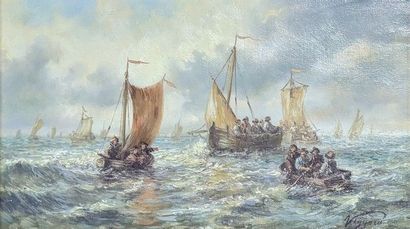 Lazlo VIGYAZO (né en 1945) 
Pêcheurs en haute-mer
Huile...